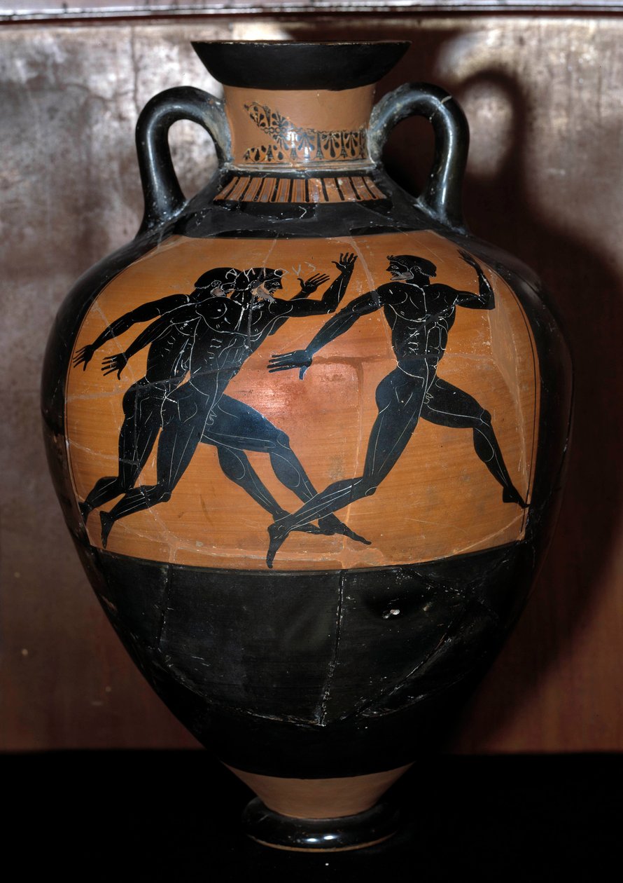 Art grec : amphore panathénaïque en céramique avec des figures noires représentant des athlètes courant - Kleophrades Painter (fl.500 475 BC)