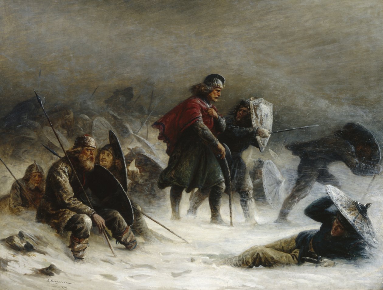Le roi Sverre dans une tempête de neige dans les montagnes de Voss - Knud Bergslien
