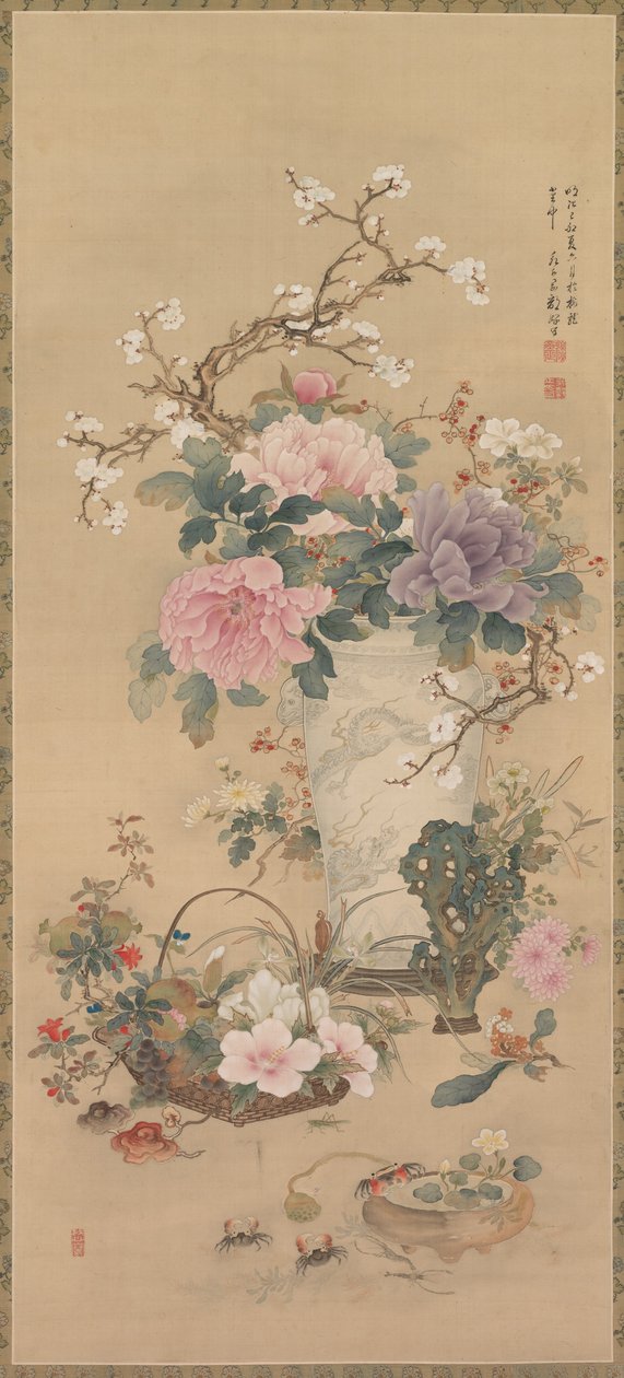 Vase de fleurs avec sauterelle, vie marine et roche de jardin, rouleau suspendu, fin des années 1800 - Ko Okabe