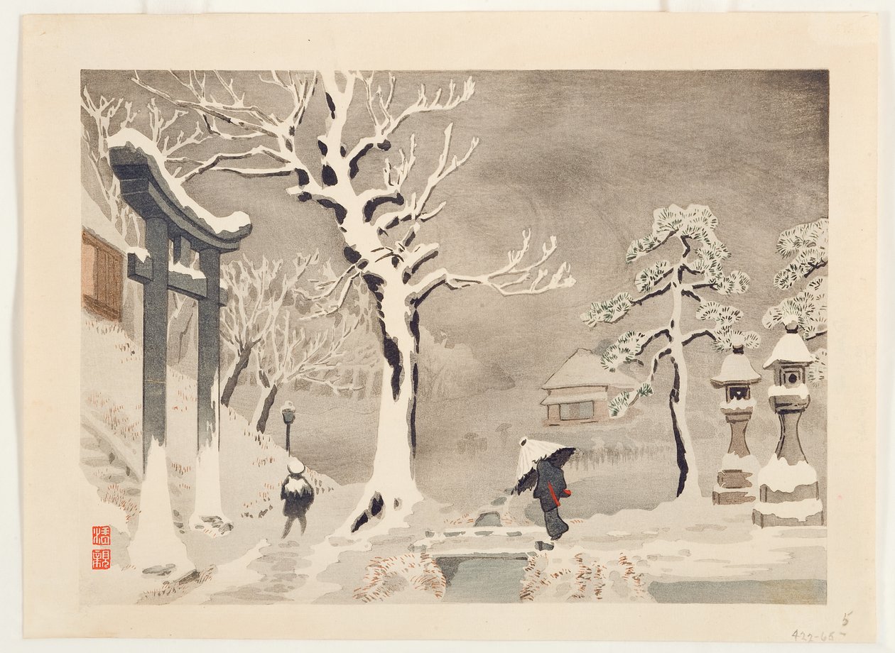 Scène de neige sous la berge au sanctuaire Mimeguri, Mukojima, vers 1915 - Kobayashi Kiyochika