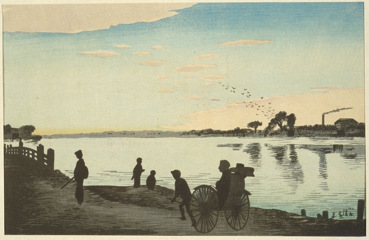 Pont Ishihara depuis les rives de la rivière Sumida - Kobayashi Kiyochika