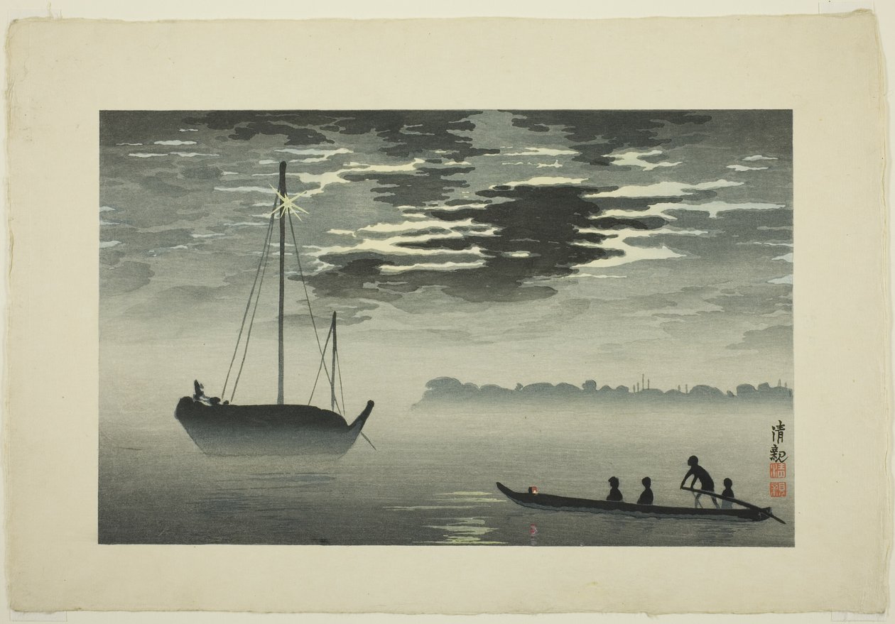 Clair de lune à travers les nuages au large de la côte de Haneda - Kobayashi Kiyochika