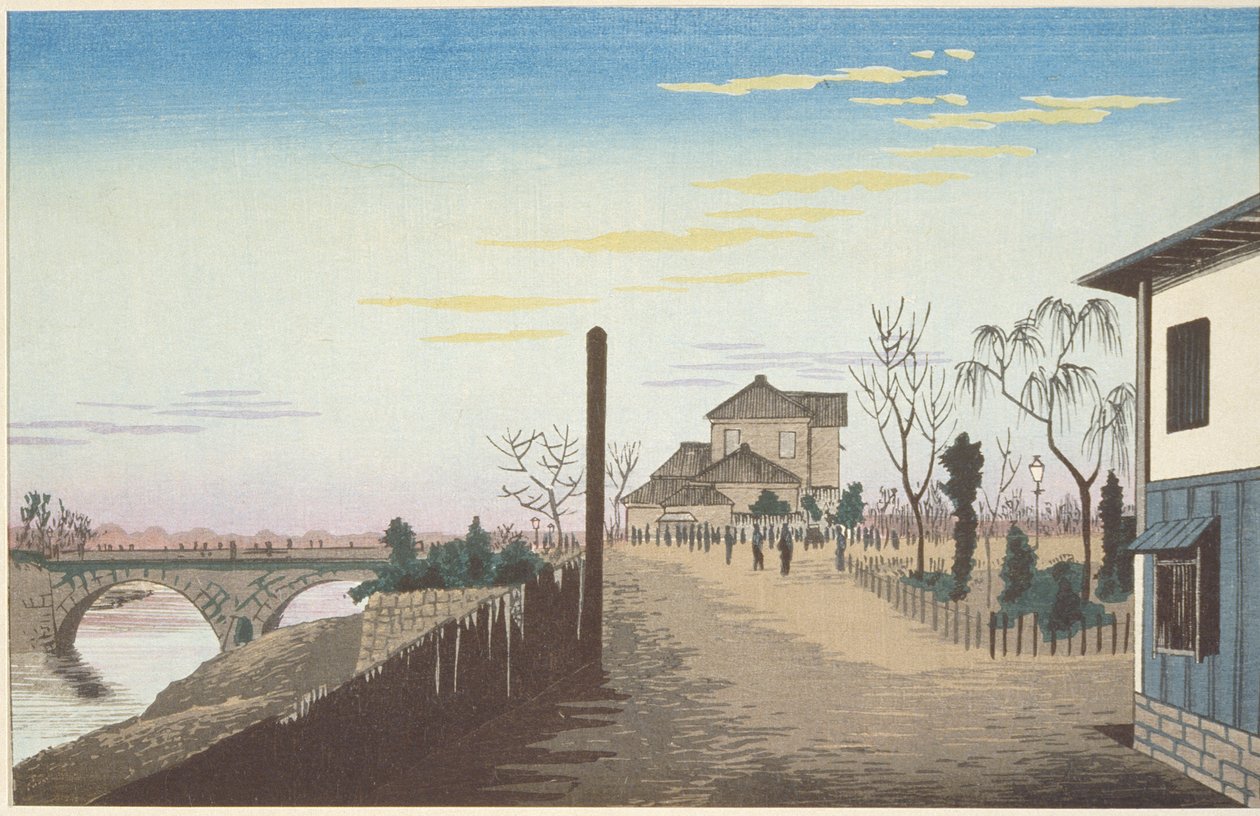 Le soleil levant vu depuis le pont Yorozubashi - Kobayashi Kiyochika