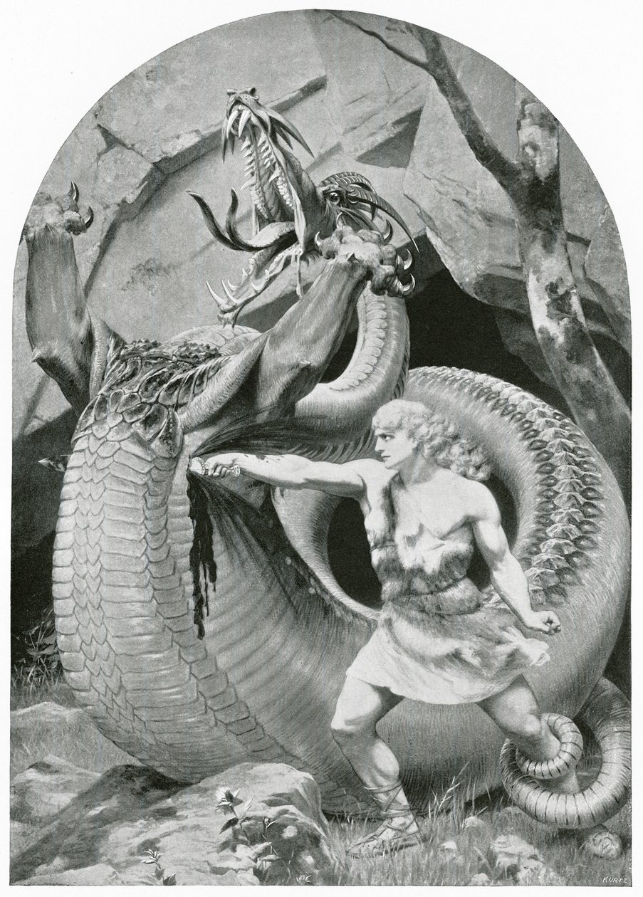 Siegfried terrassant le dragon (lithographie) - Konrad Dielitz