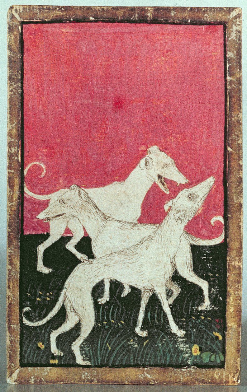 Trois chiens de chasse, une des cartes à jouer représentant des scènes de fauconnerie courtoise, Haut-Rhin, vers 1440-45 - Konrad Witz