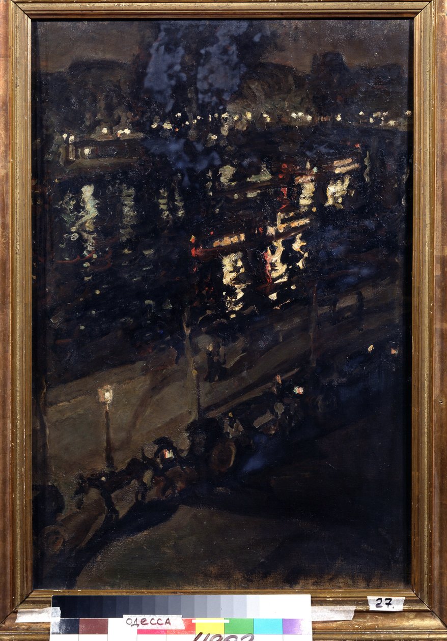 Paris la nuit. Vue de quais de la Seine, avec un attelage à cheval, et des lumières de la ville qui se reflètent à la surface de l