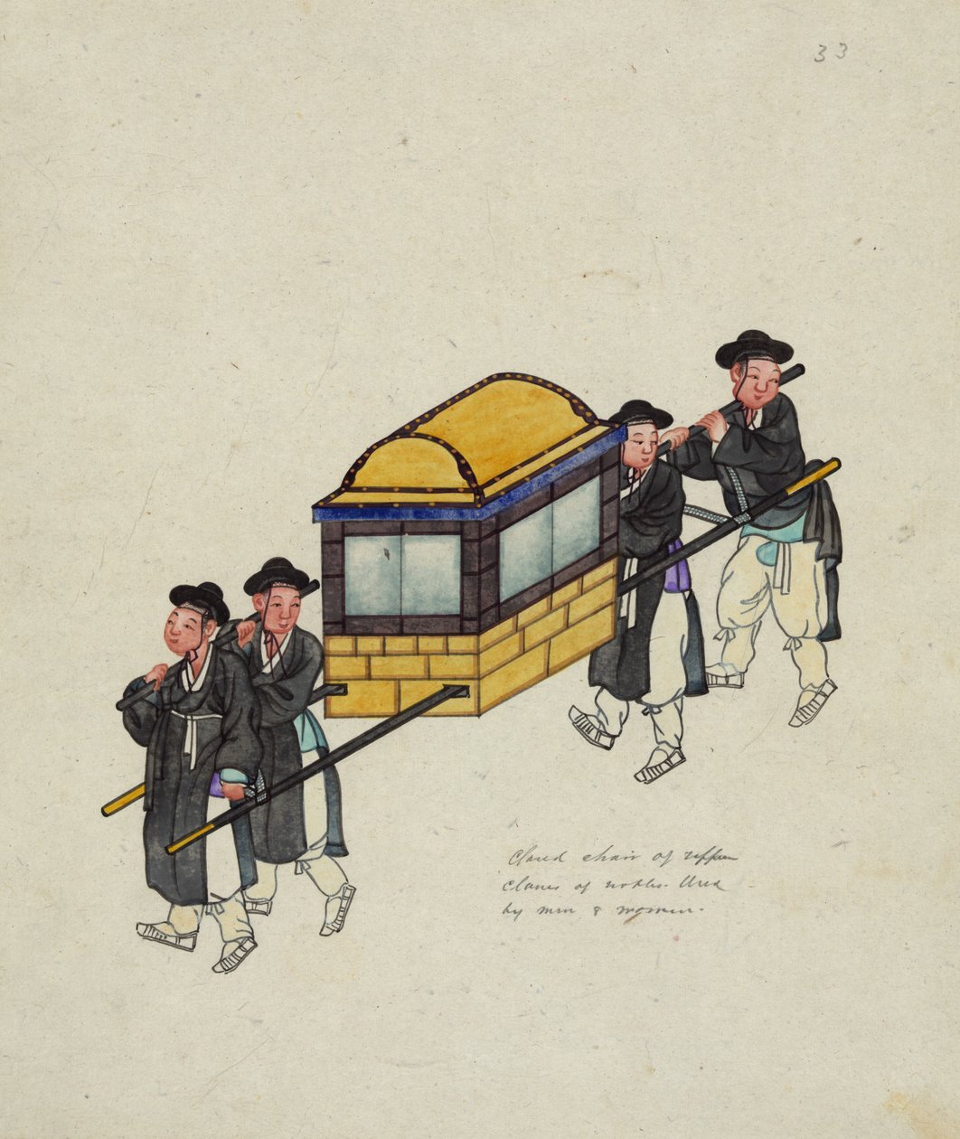 Quatre porteurs transportant un officiel dans un "gama" ou palanquin, c.1890 - Korean School