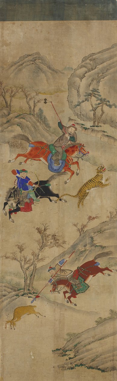 Scène de chasse (3 cavaliers chassant le cerf et le tigre) - Korean School
