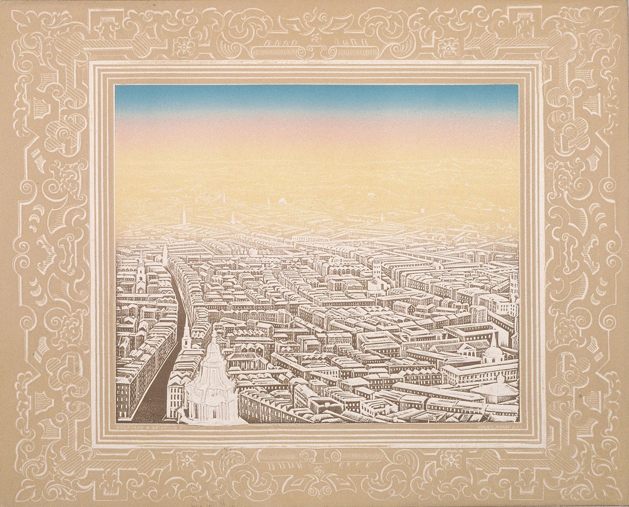 Vue aérienne de Londres encadrée dans une bordure décorative - Kronheim and Co
