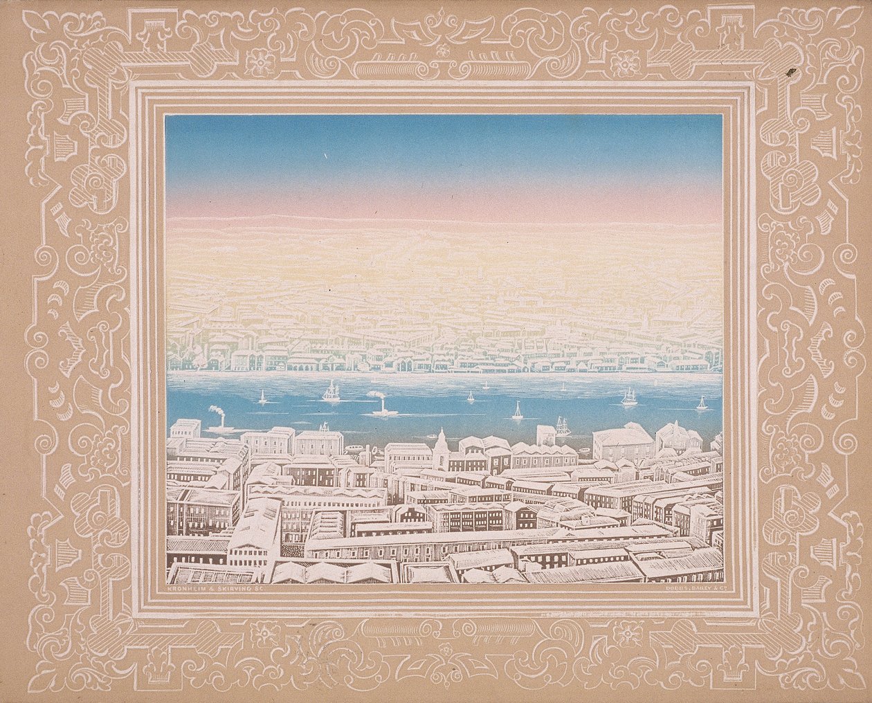 Vue aérienne de Londres avec bordure décorative, vers 1845 - Kronheim and Co