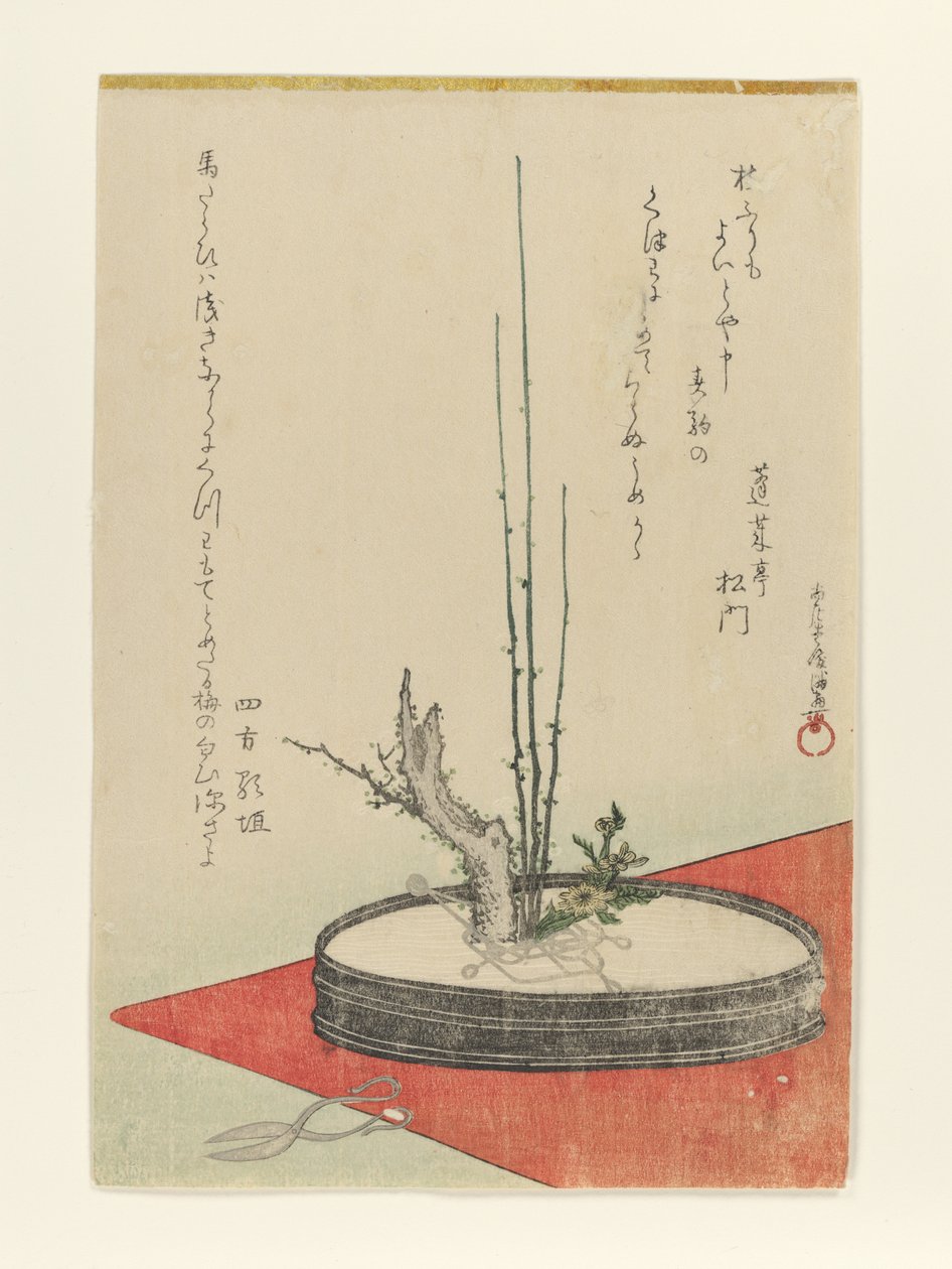 Arrangement de prunier, Fukujusō (adonis) et ciseaux - Kubo Shunman