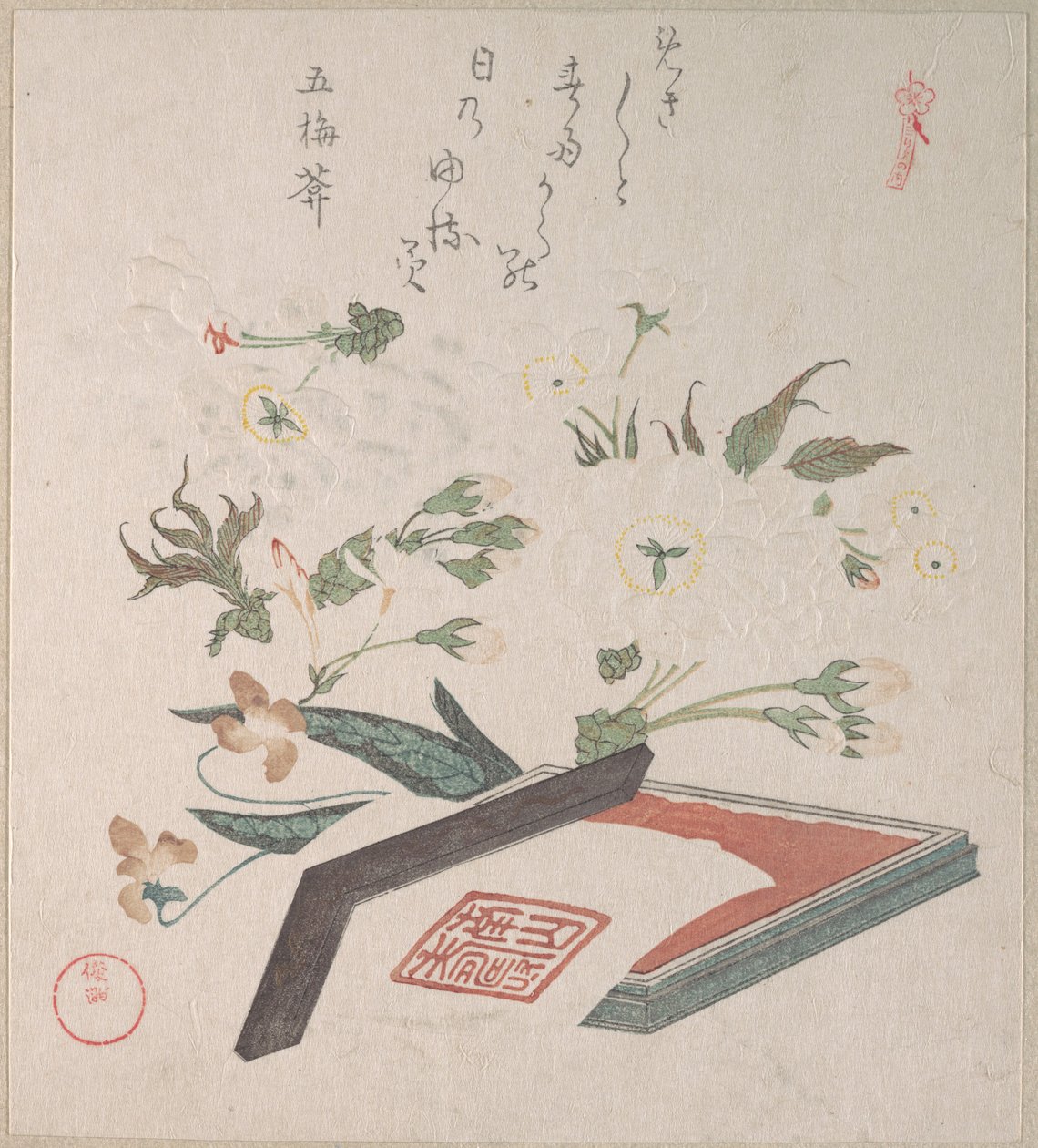 Fleurs de cerisier et boîte à sceaux avec encre et règle - Kubo Shunman