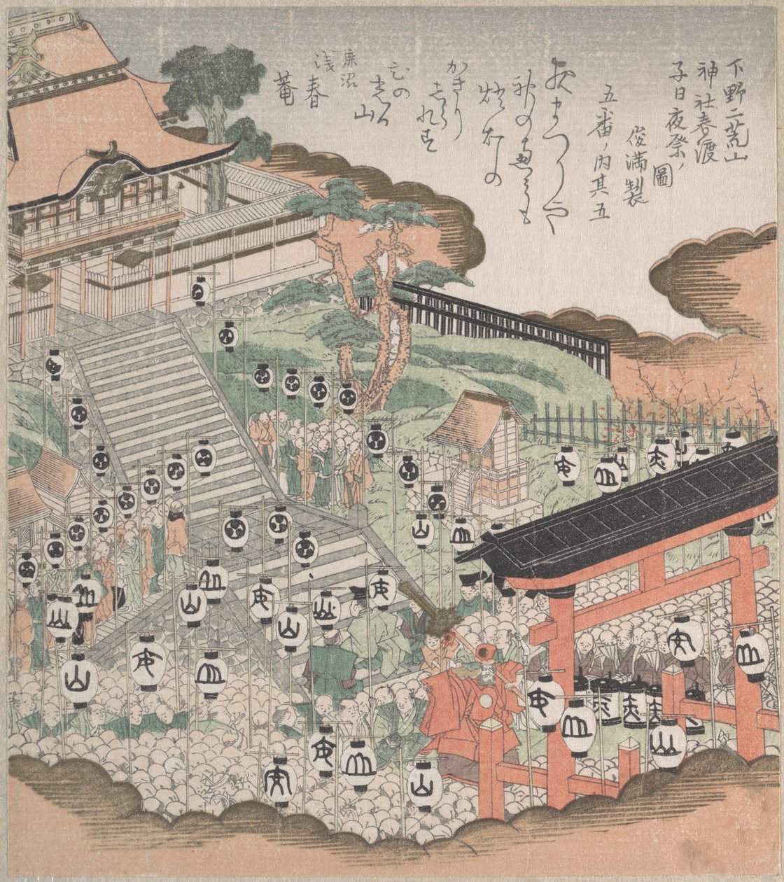 Une foule de personnes admirant la danse festive devant le sanctuaire de Futaara - Kubo Shunman