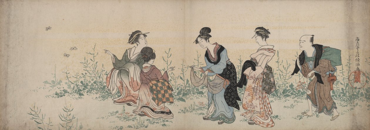 Quatre filles et un serviteur profitant des fleurs sauvages et des papillons - Kubo Shunman