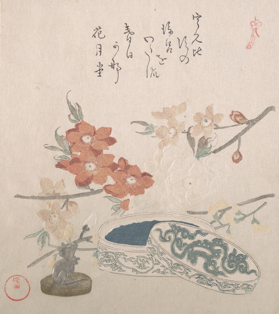Fleurs de pêcher, un sceau et une boîte à sceau - Kubo Shunman