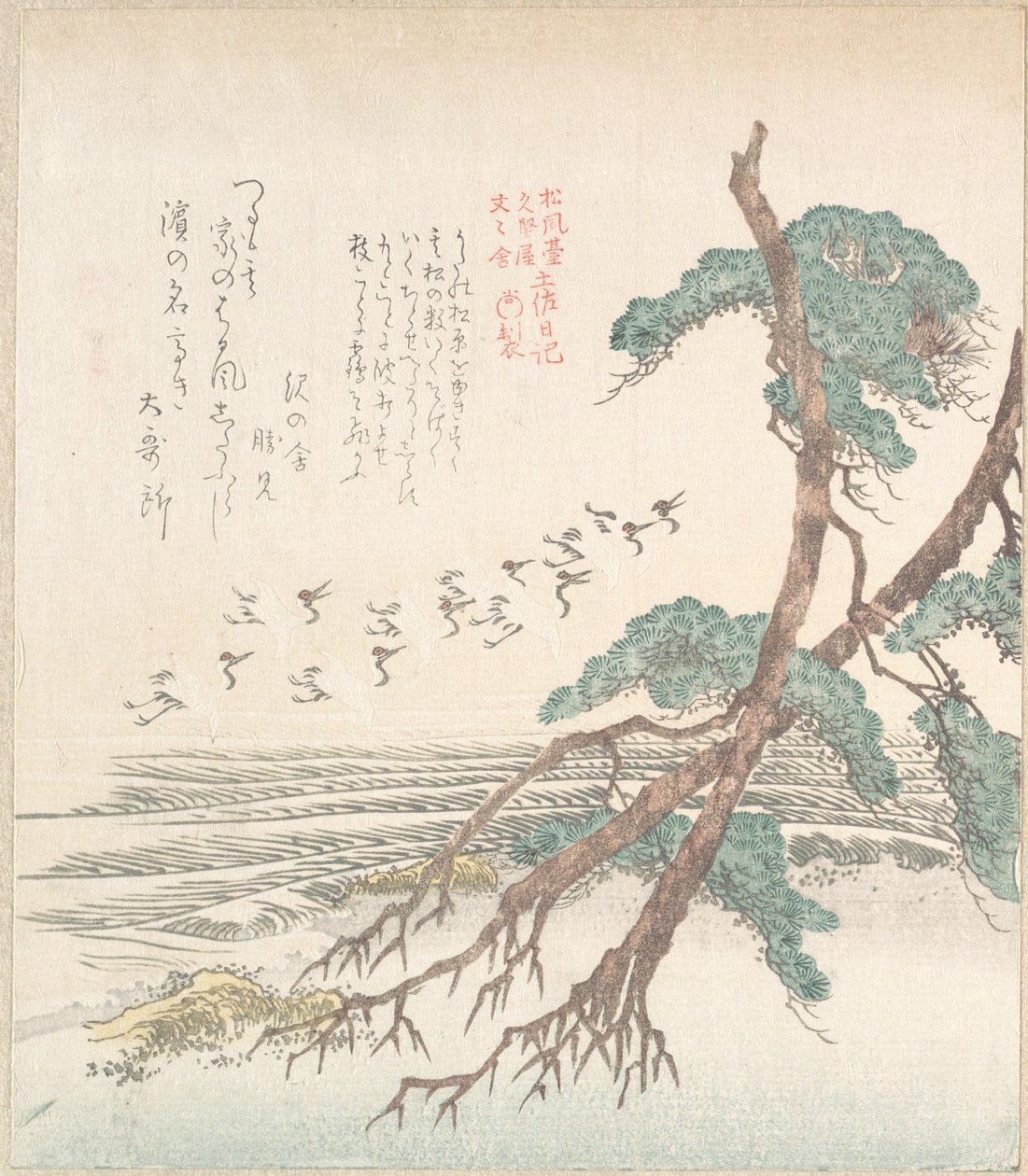 Paysage maritime avec des pins et des grues en vol - Kubo Shunman