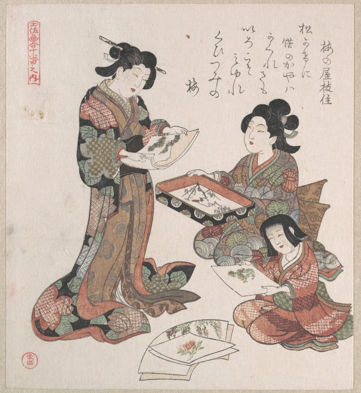 Deux femmes et une jeune fille regardant des tableaux - Kubo Shunman