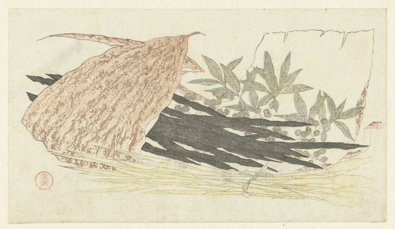 Feuille de bambou avec kombu, racines de bardane et nandina - Kubota Shunman