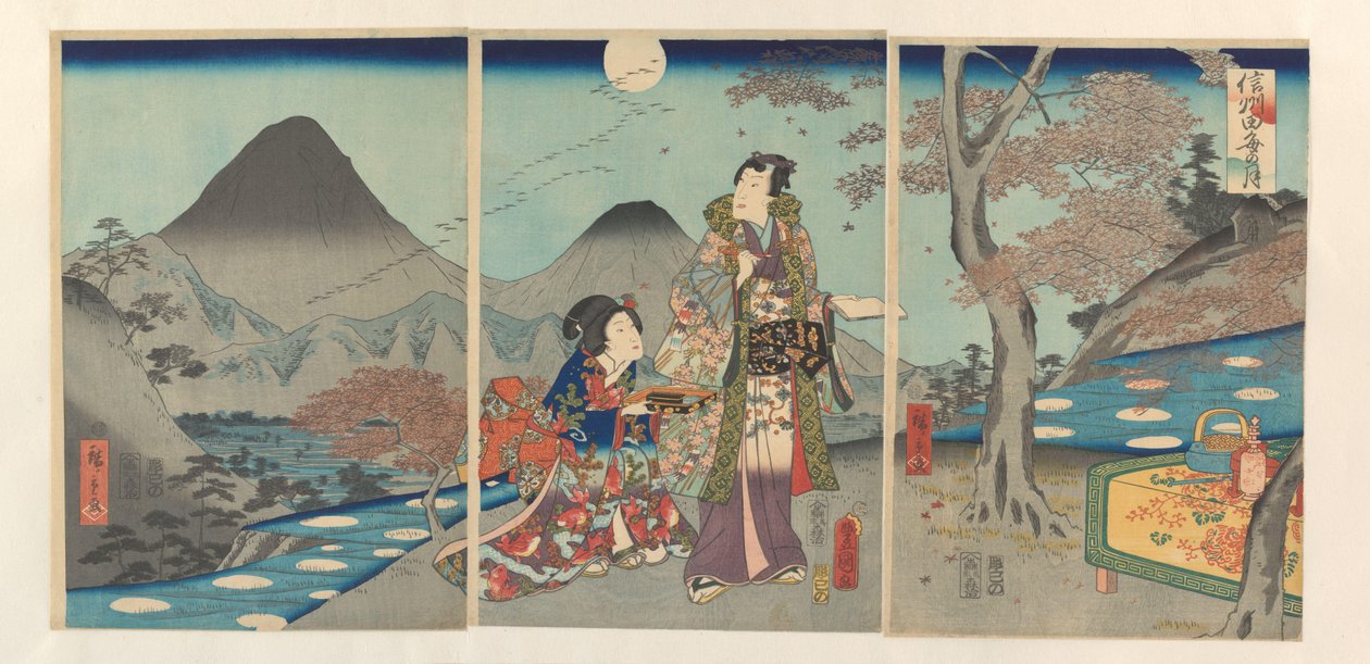 La lune reflétée dans les rizières de Shinano - Kunisada (II) , Utagawa