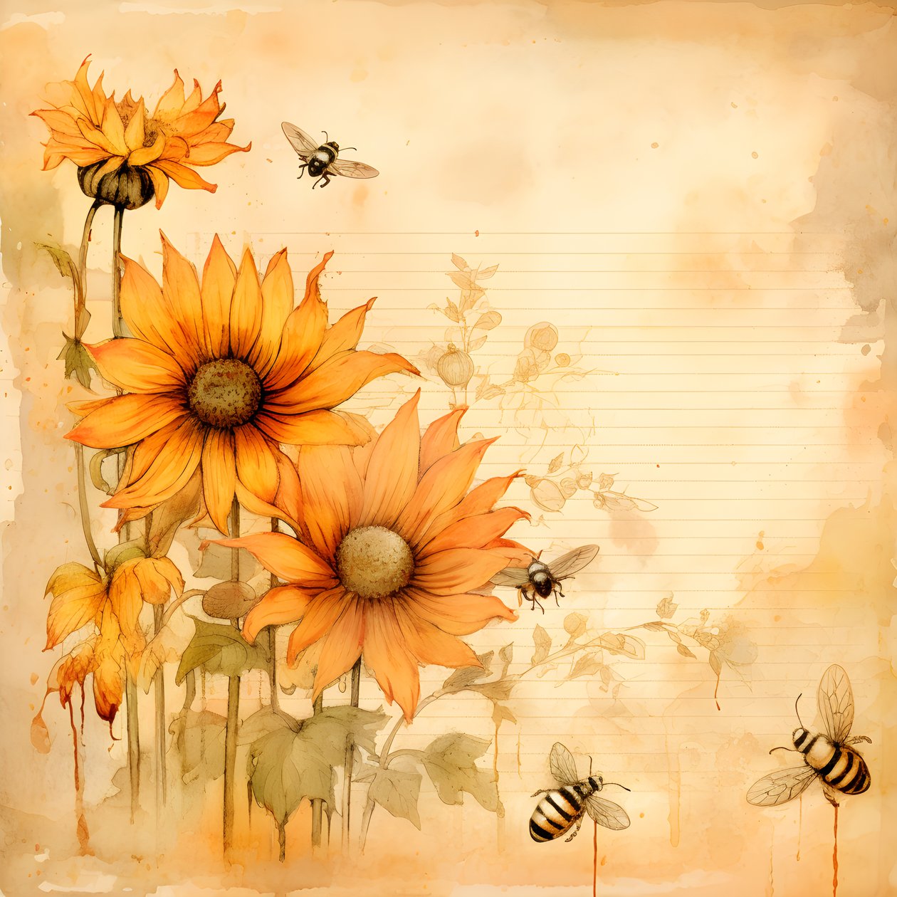 Aquarelle de tournesols et abeilles avec poèmes d