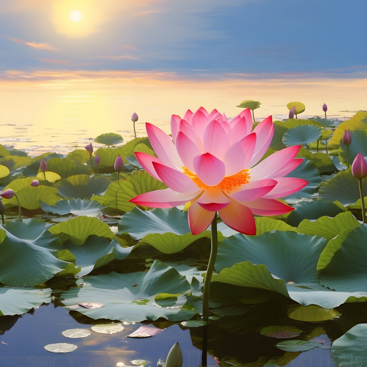De grandes et belles fleurs de lotus fleurissent sur la surface claire de l