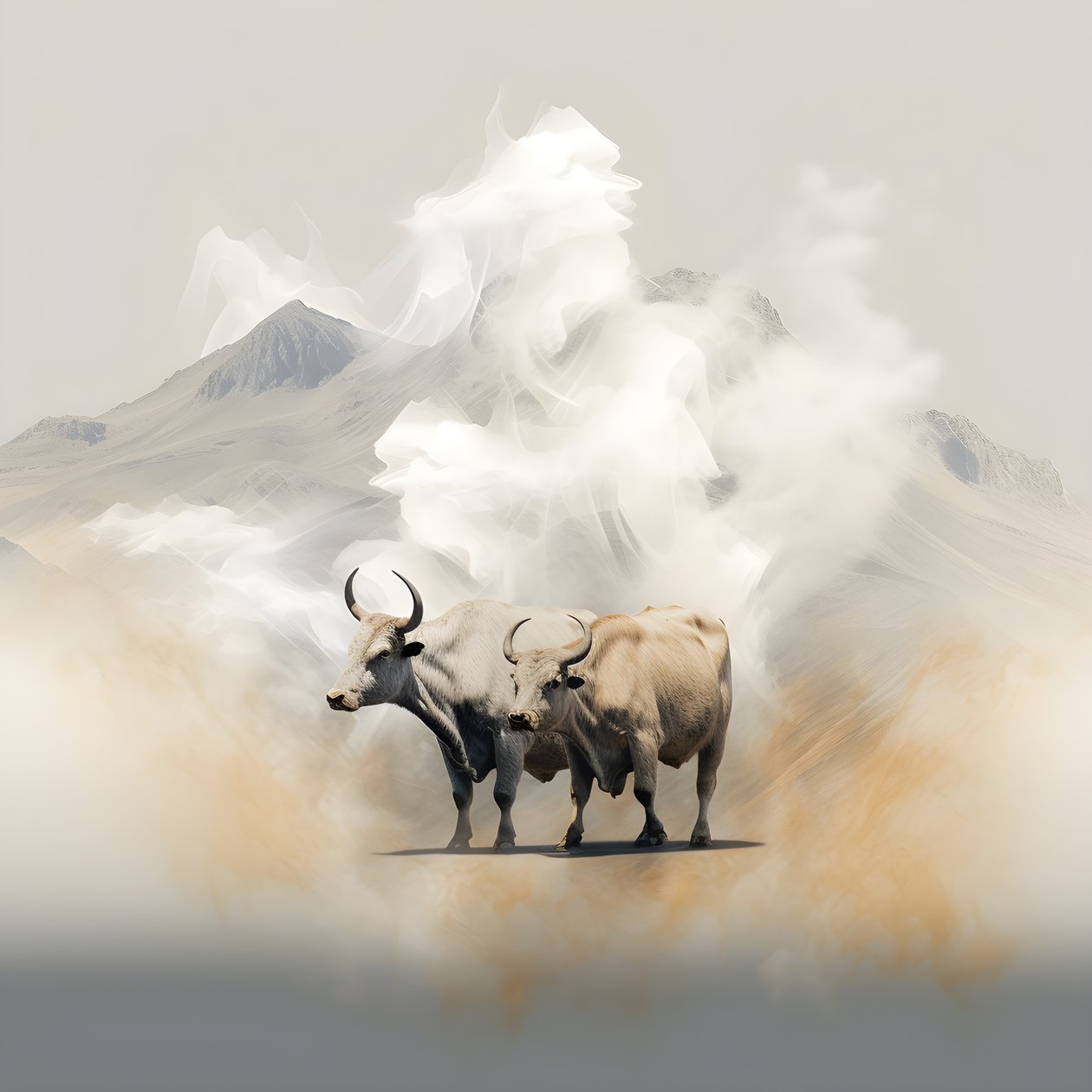 Une peinture abstraite fractale, texture de fumée beige-blanc. 3 taureaux noirs émergeant de la fumée, avec le mont Ararat à l
