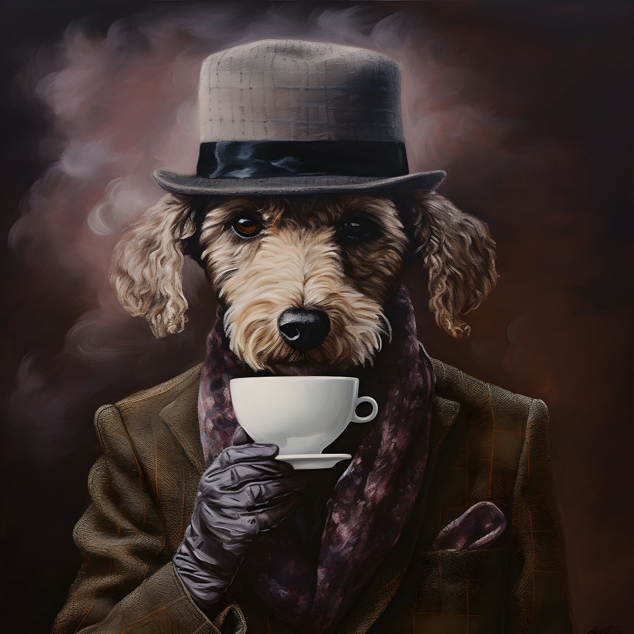 Un caniche cultivé boit une tasse de thé, porte un col roulé et une casquette plate, fond enfumé 3 - Kurt Heppke