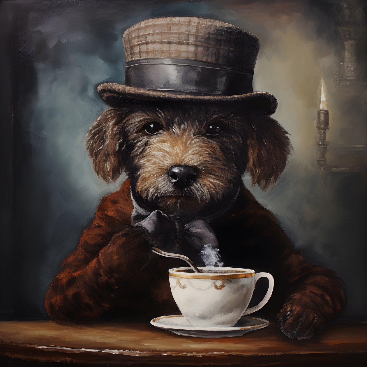 Un caniche cultivé boit une tasse de thé, porte un col roulé et une casquette plate, fond enfumé 4 - Kurt Heppke