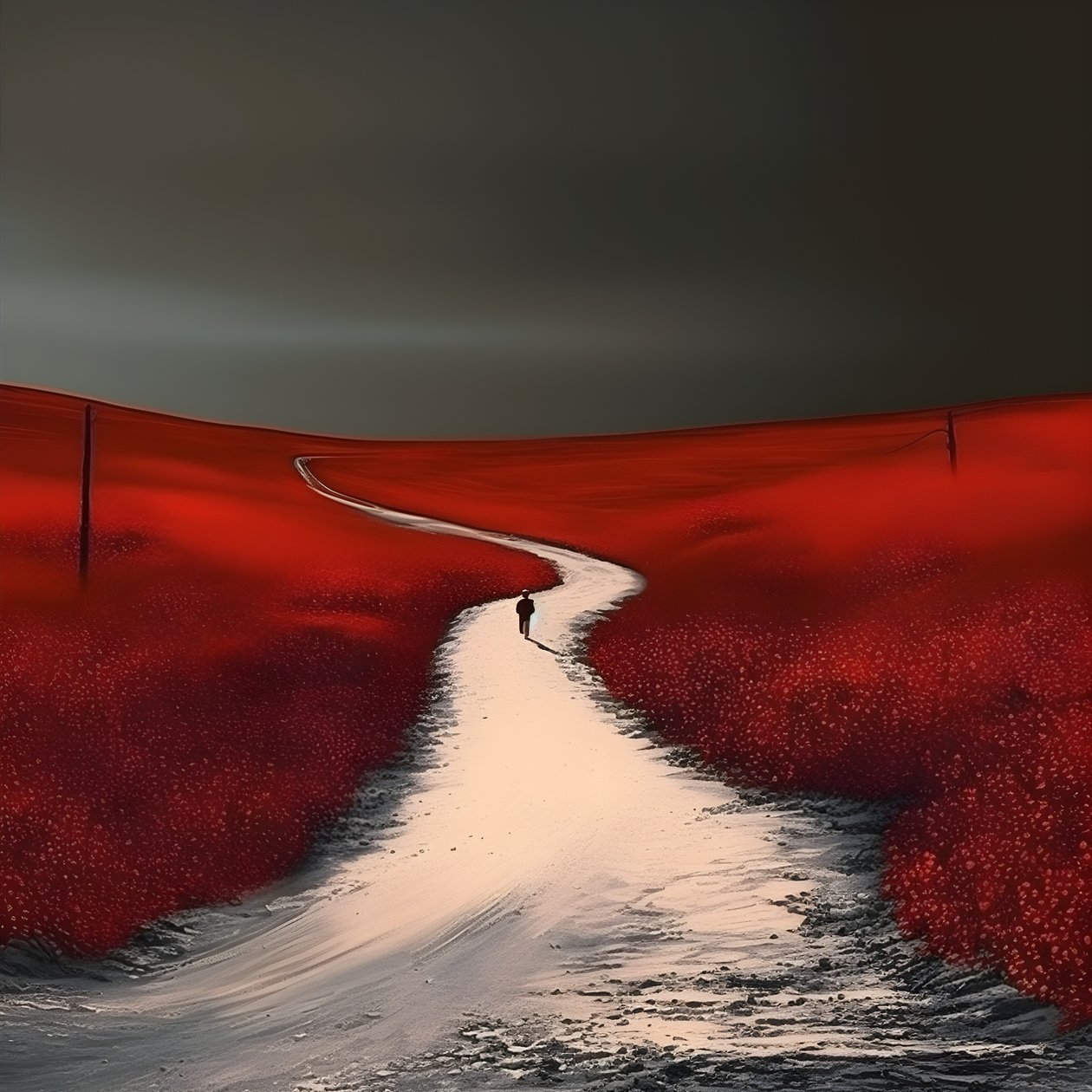 Une longue route rouge. Marcher. Comme le héros qui n