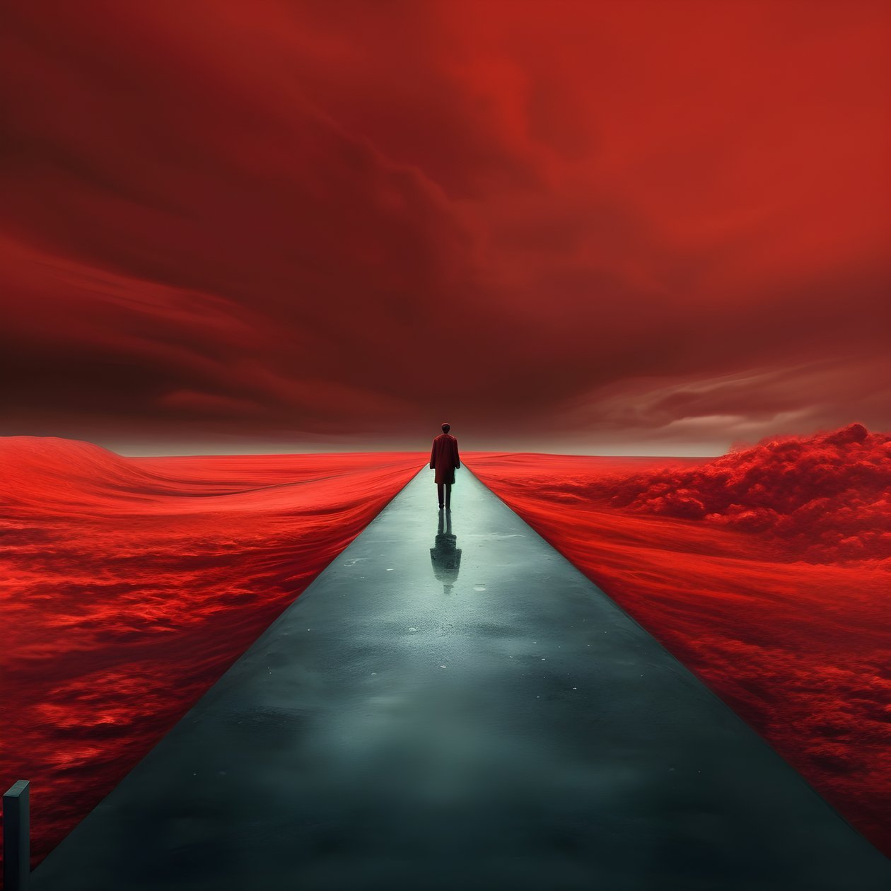 Une longue route rouge. Marcher. Comme le héros qui n