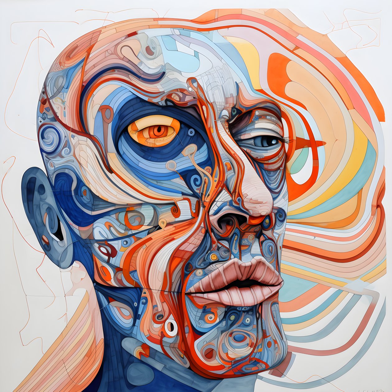 Visage, spirale pour les yeux et un oiseau pour le nez - Kurt Heppke