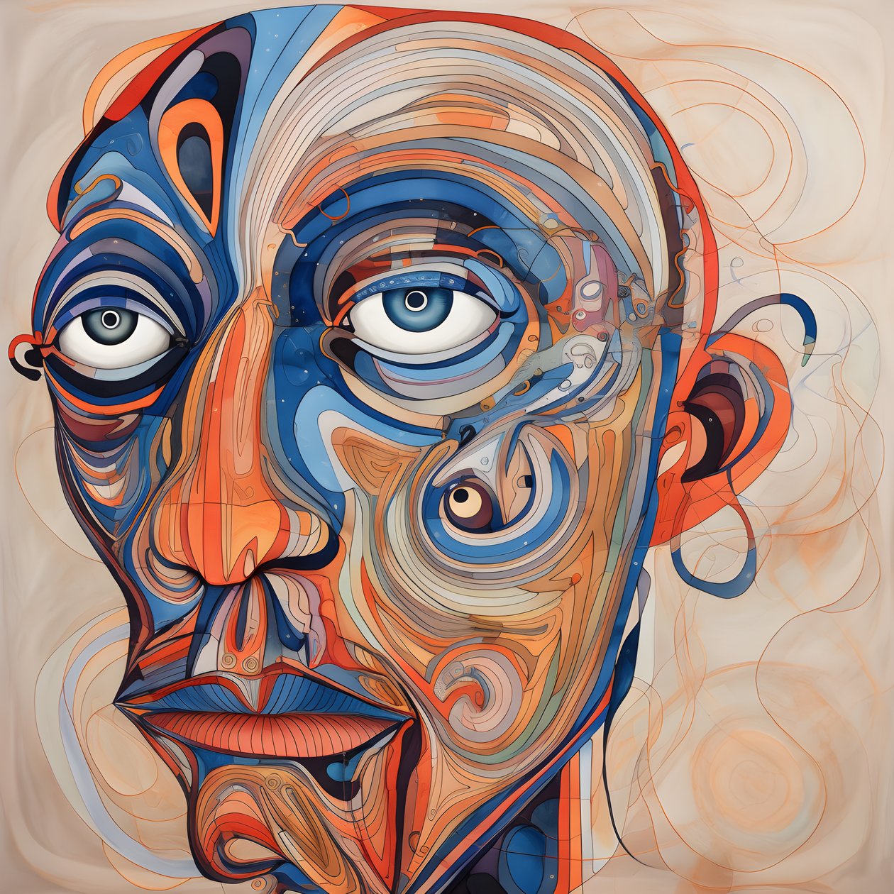 Visage, spirale pour les yeux et un oiseau pour le nez 1 - Kurt Heppke