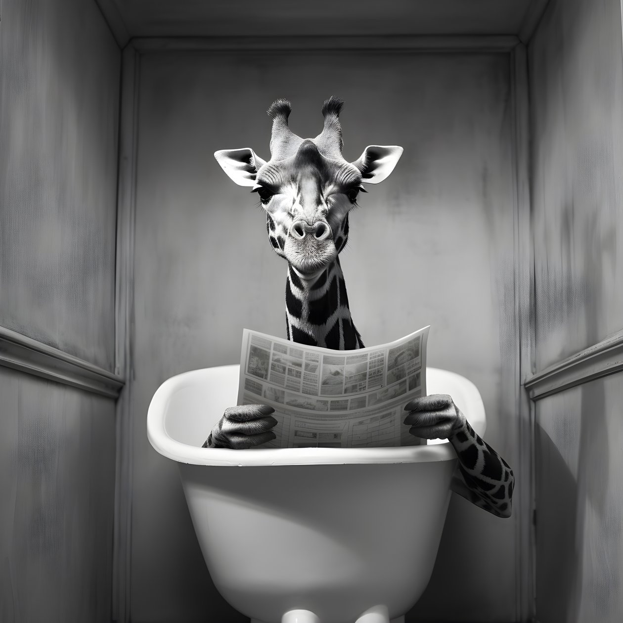 Girafe heureuse assise sur les toilettes avec un journal 1 - Kurt Heppke
