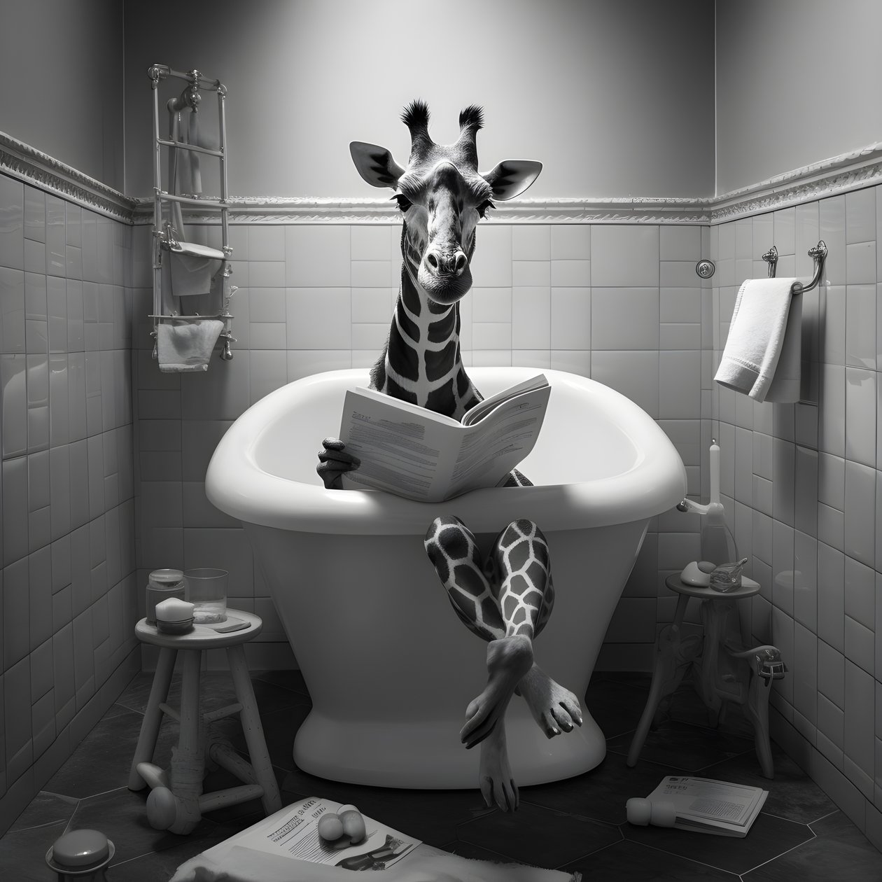 Girafe heureuse assise sur les toilettes avec un journal 2 - Kurt Heppke