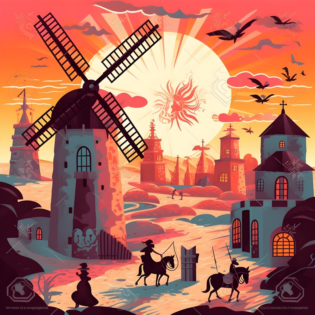 Don Quichotte à droite sur son âne, aussi petit qu