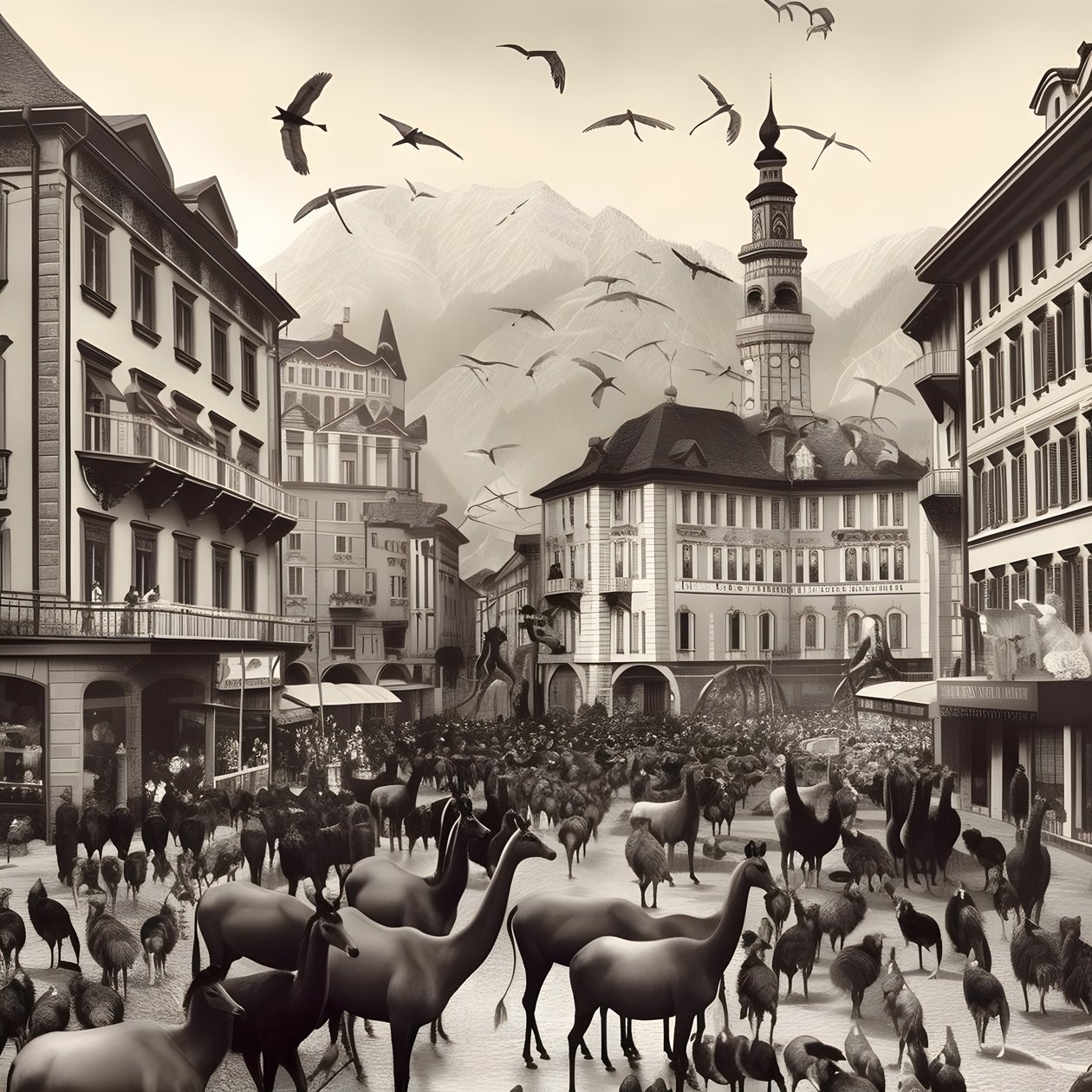 Innsbruck dans une vieille photographie avec des zèbres élégants, des mouettes, des singes et des figurines en argile. 4 - Kurt Heppke
