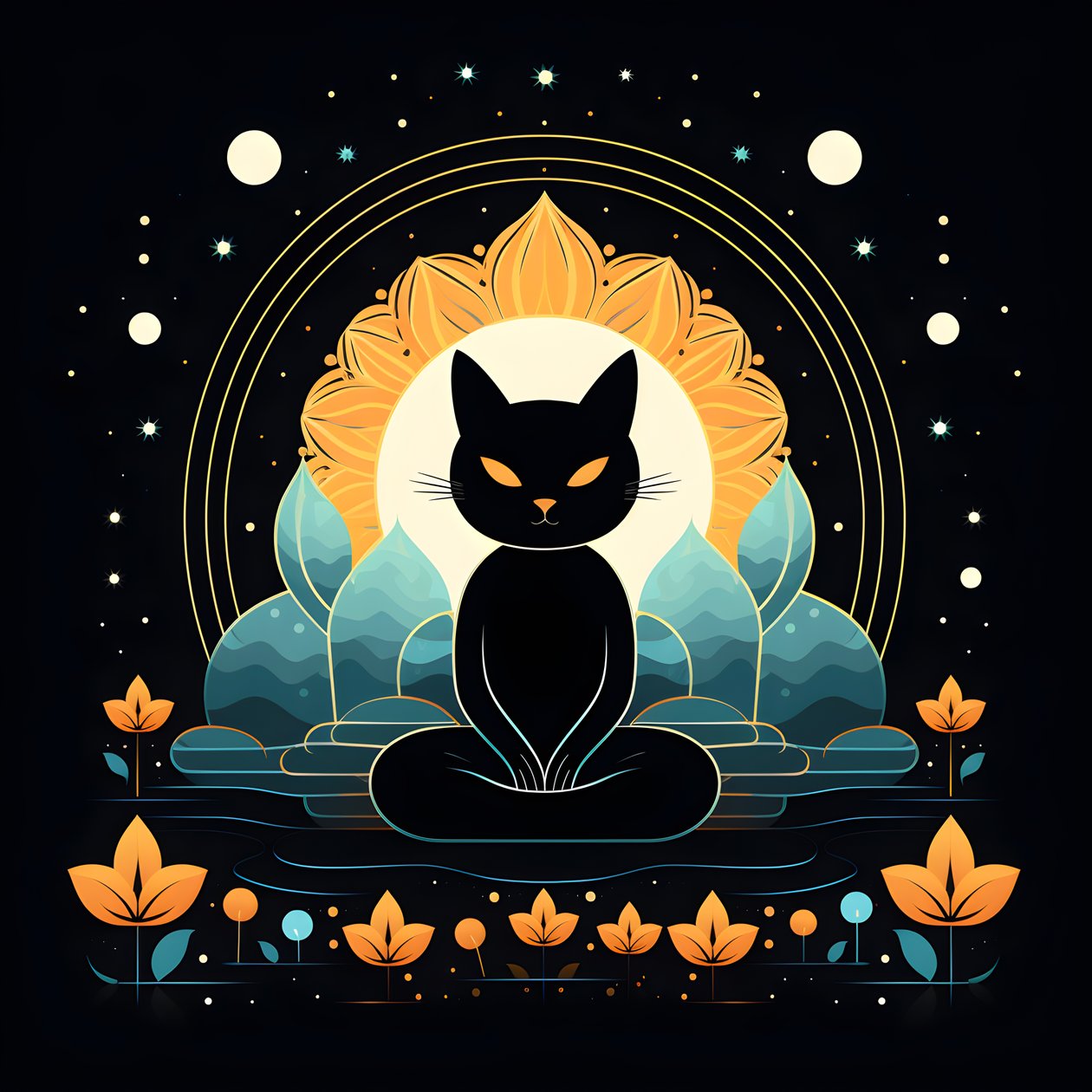 Chat en méditation assis sur une fleur de lotus 3 - Kurt Heppke