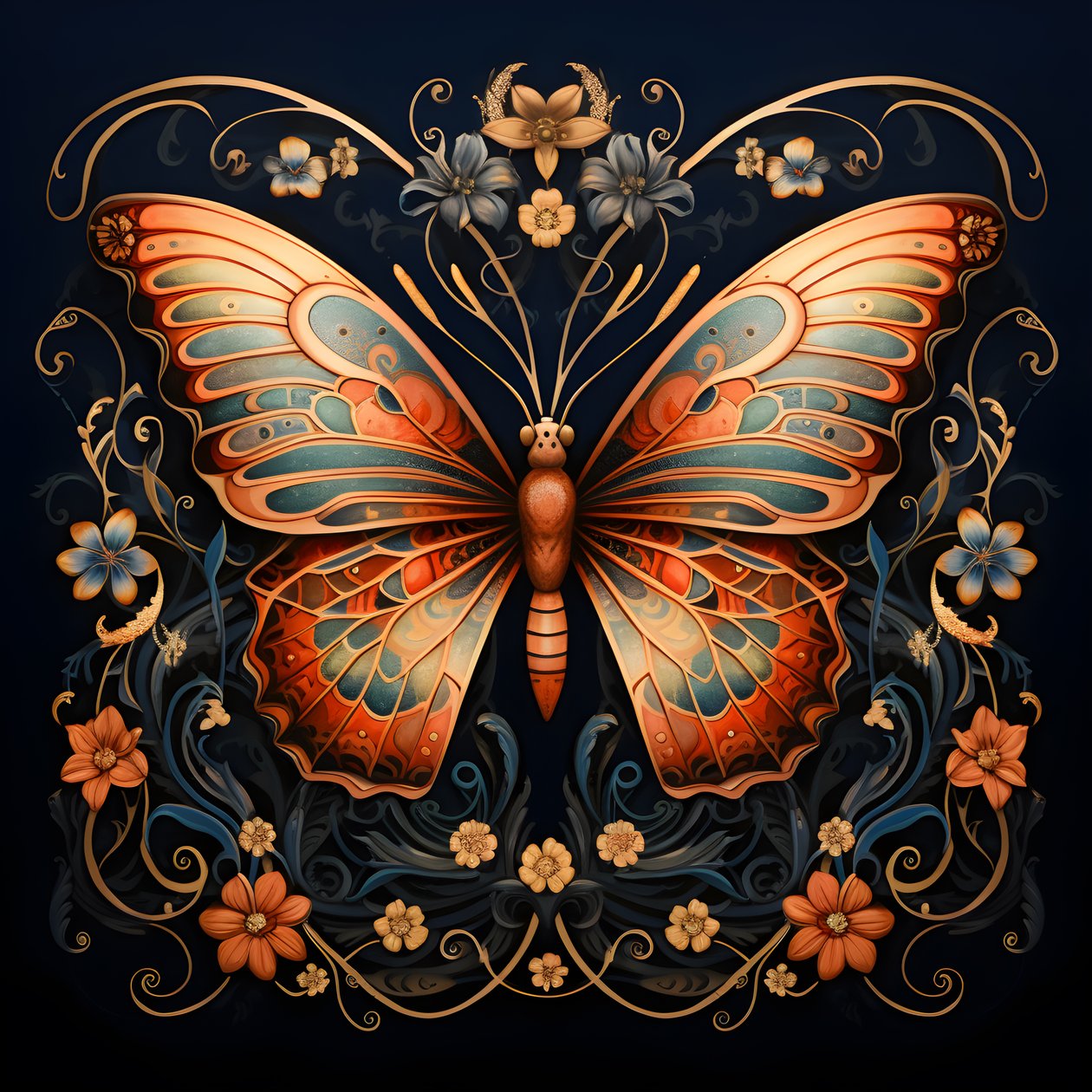 papillon au centre, symétrique, avec des fleurs en arrière-plan 1 - Kurt Heppke