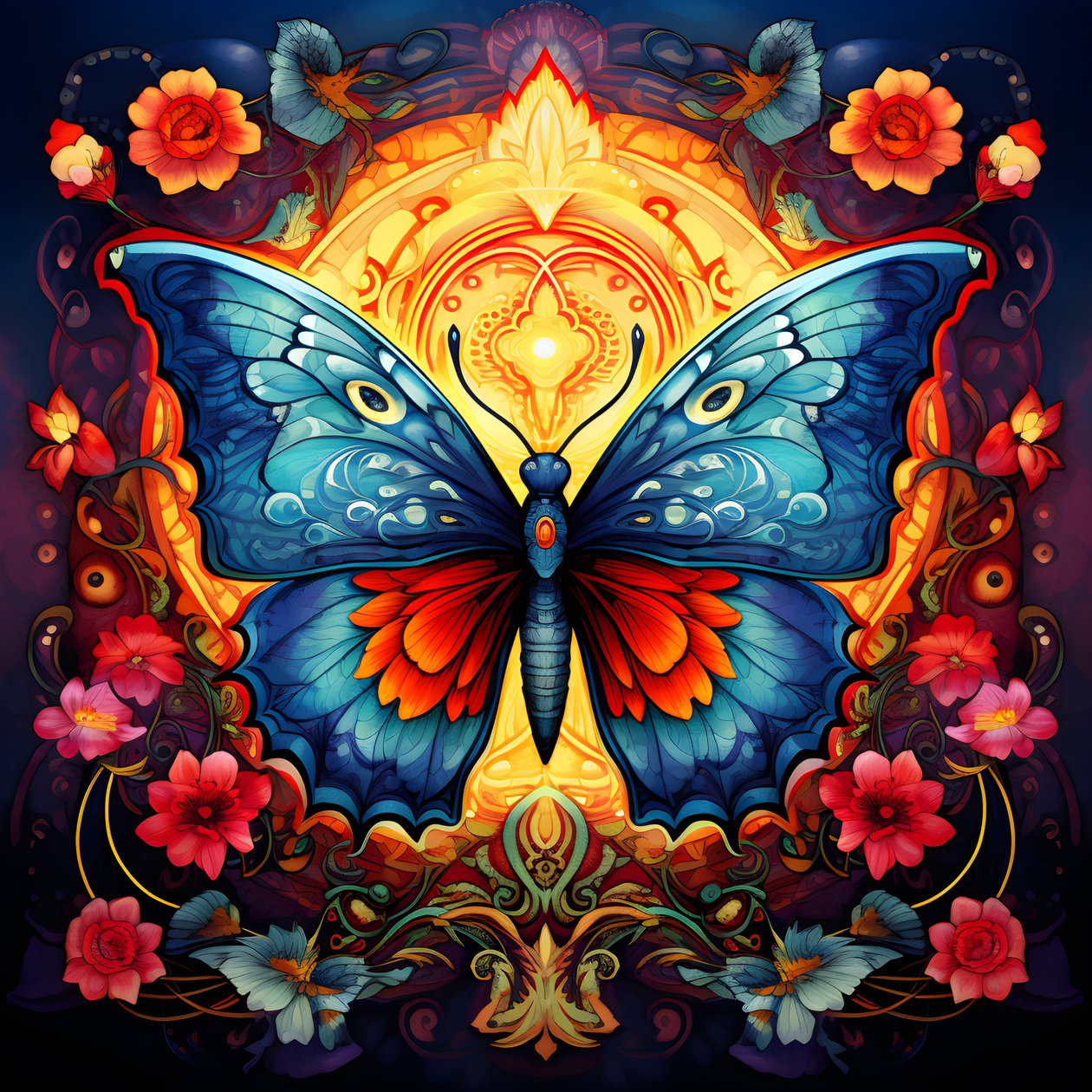 papillon au centre, symétrique, avec des fleurs en arrière-plan 2 - Kurt Heppke