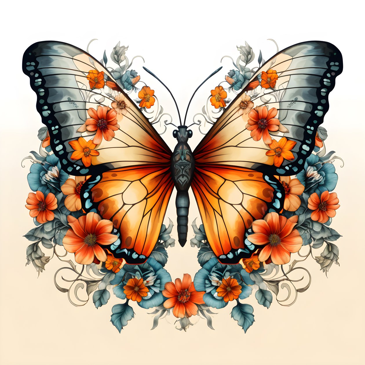 papillon au centre, symétrique, avec des fleurs en arrière-plan 3 - Kurt Heppke