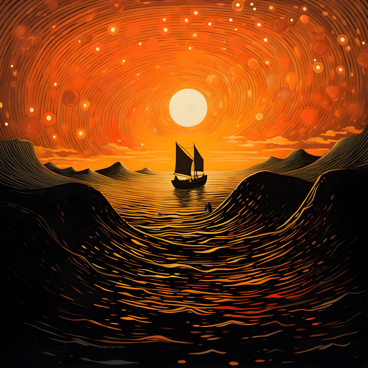 coucher de soleil, soleil orange-jaune, nuages, cinq cercles de nuages tournants dans un grand ciel, vagues ponctuées et nuages de coucher de soleil orange-jaune se reflétant sur les vagues, un bateau part en mer 2 - Kurt Heppke