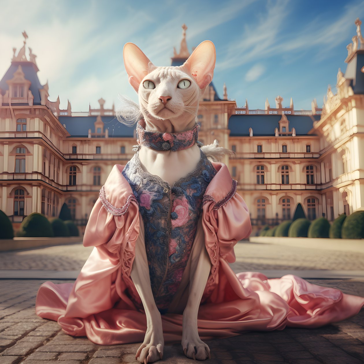 Chat Sphynx en robe de bal devant un magnifique palais de style médiéval 1 - Kurt Heppke