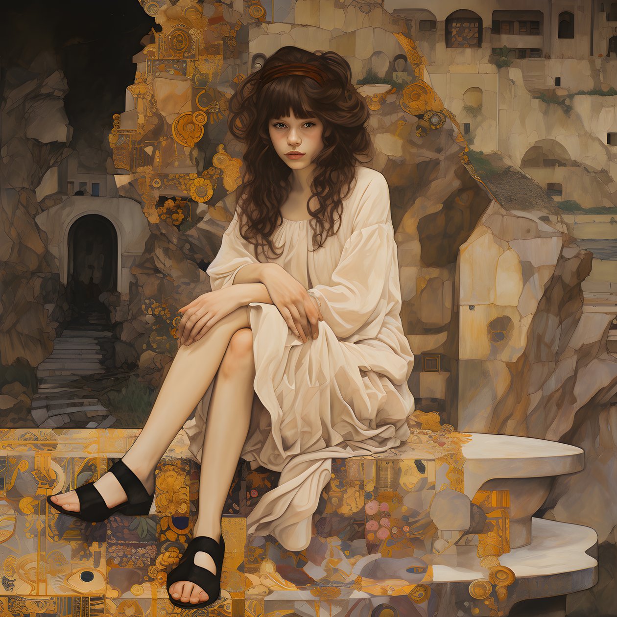 Adolescent en robe fleurie et chaussures de skate, assis dans une ruine traversée par une rivière 1 - Kurt Heppke