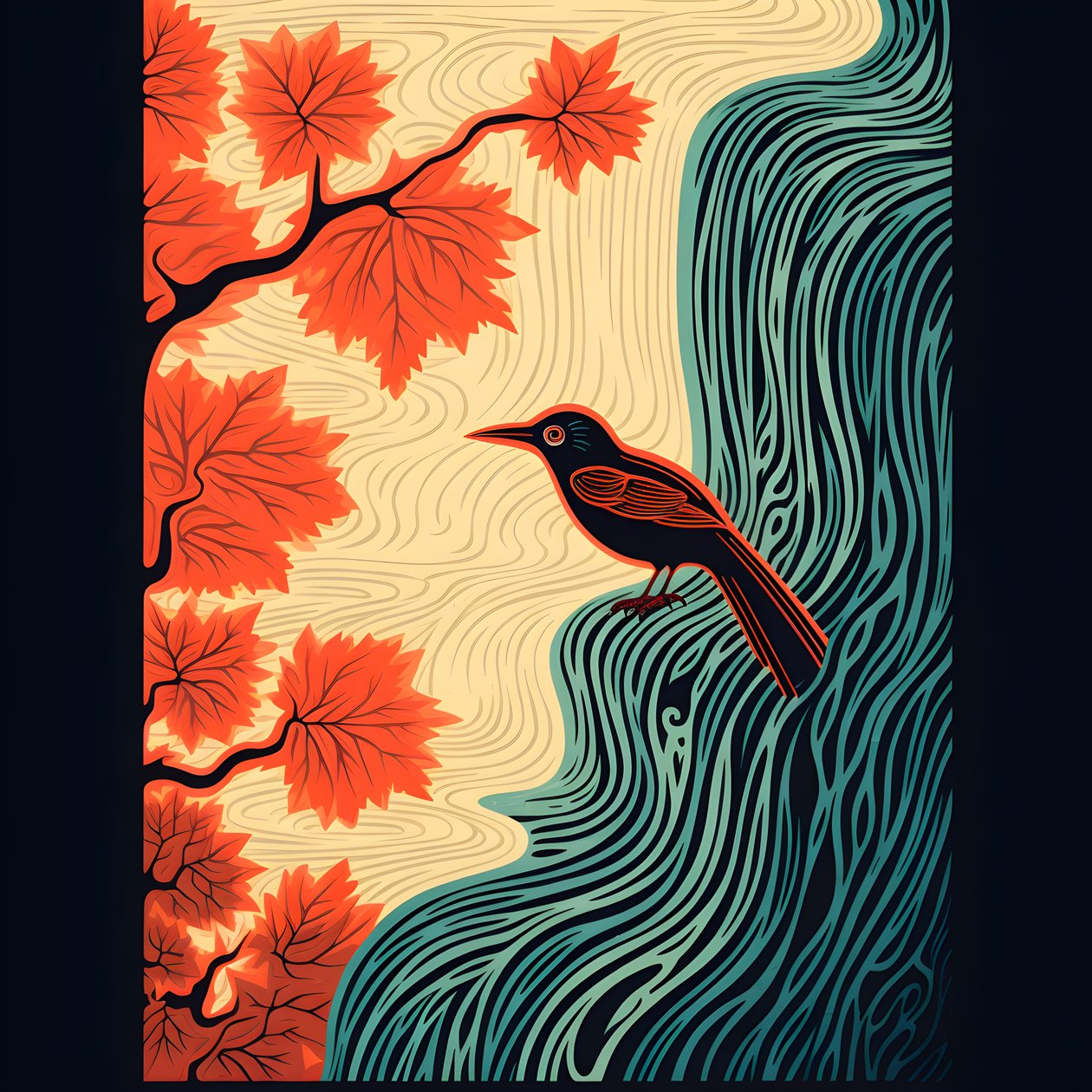 Ultra-minimalistische Illustration eines bunten tropischen Vogels, der auf einer verzweigten Pflanze vor einem Gebirgsbach mit einem schönen Wasserfall sitzt von Kurt Heppke