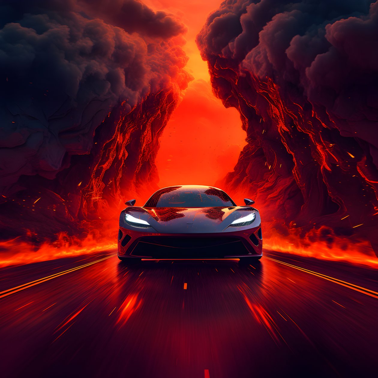 une voiture de luxe est conduite sur un chemin avec un fond rouge lumineux 4 - Kurt Heppke