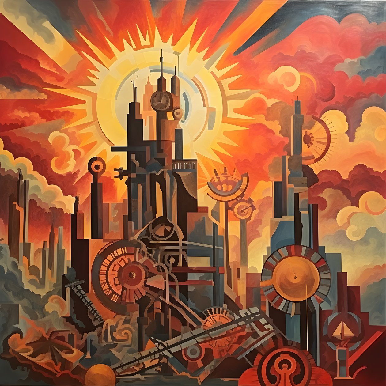 Engrenages et outils lever de soleil abstrait années 1950 4 - Kurt Heppke
