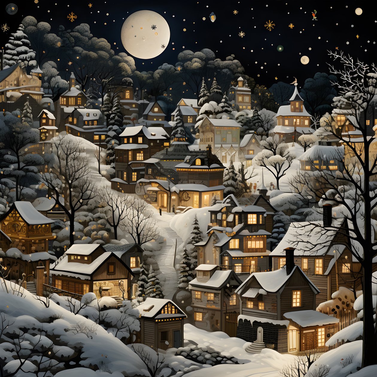 Un village de nuit sous des arbres enneigés 2 - Kurt Heppke
