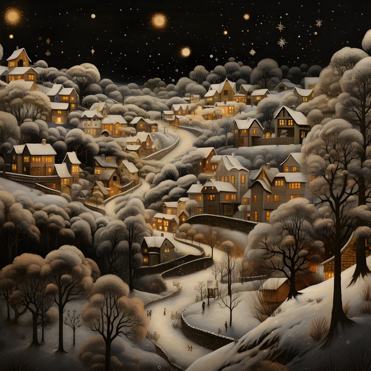 Un village de nuit sous des arbres enneigés 3 - Kurt Heppke