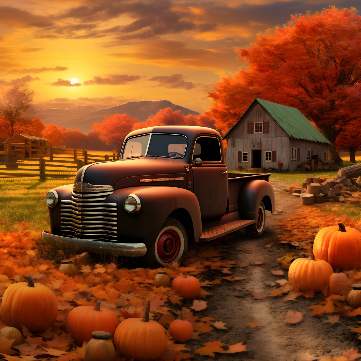 un camion pickup vintage par un soir de coucher de soleil d