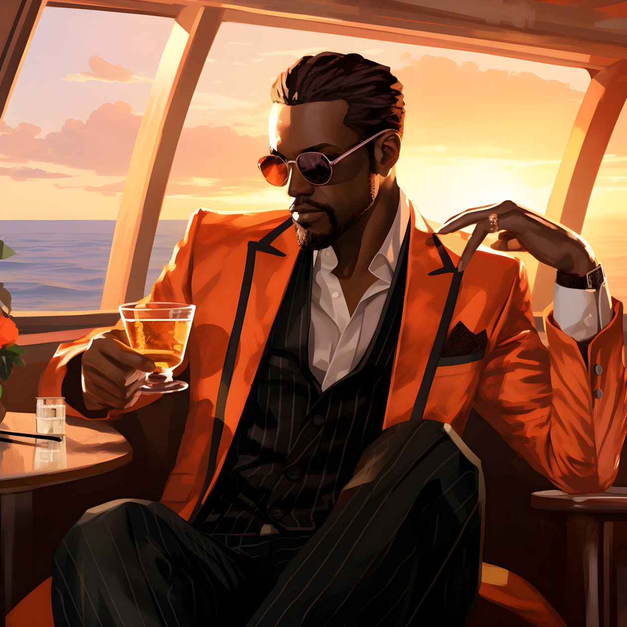un homme riche, bien habillé, assis sur un yacht privé et buvant un cocktail 2 - Kurt Heppke
